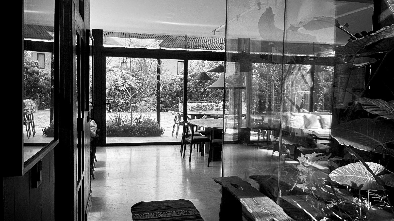 Estar de Casa Ro & Tic abierto al parque, con el patio vidriado al centro